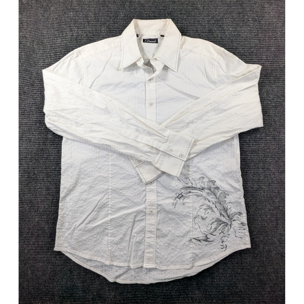 7 Diamond Shirt Men 2XL White Cotton Casual Floral Print Shirttail Hem Button Up